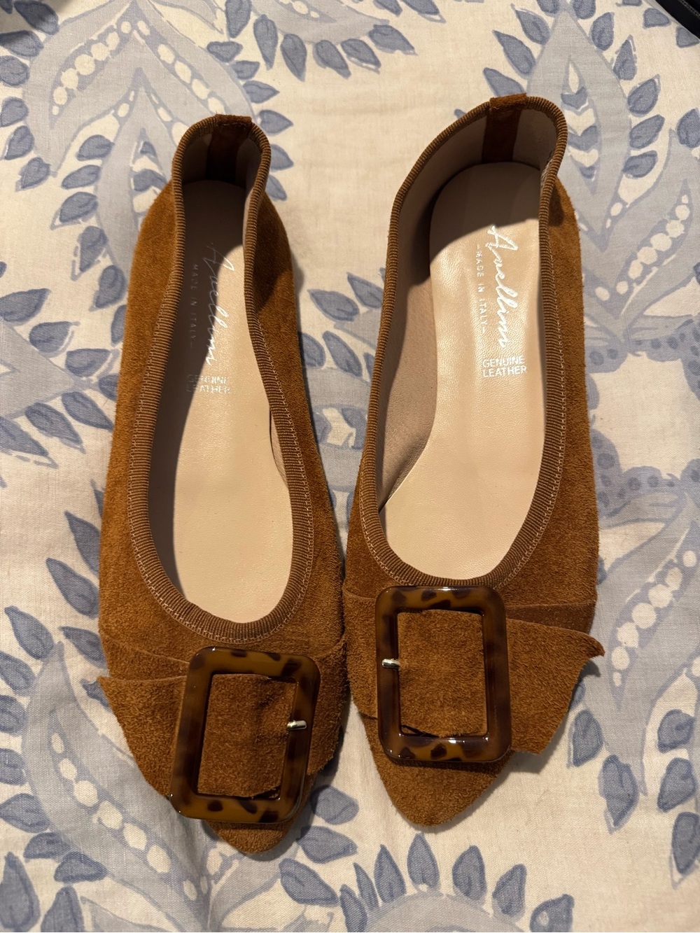 Annabella Tan Suede Pointed Toe Flats with Tortoiseshell Buckle